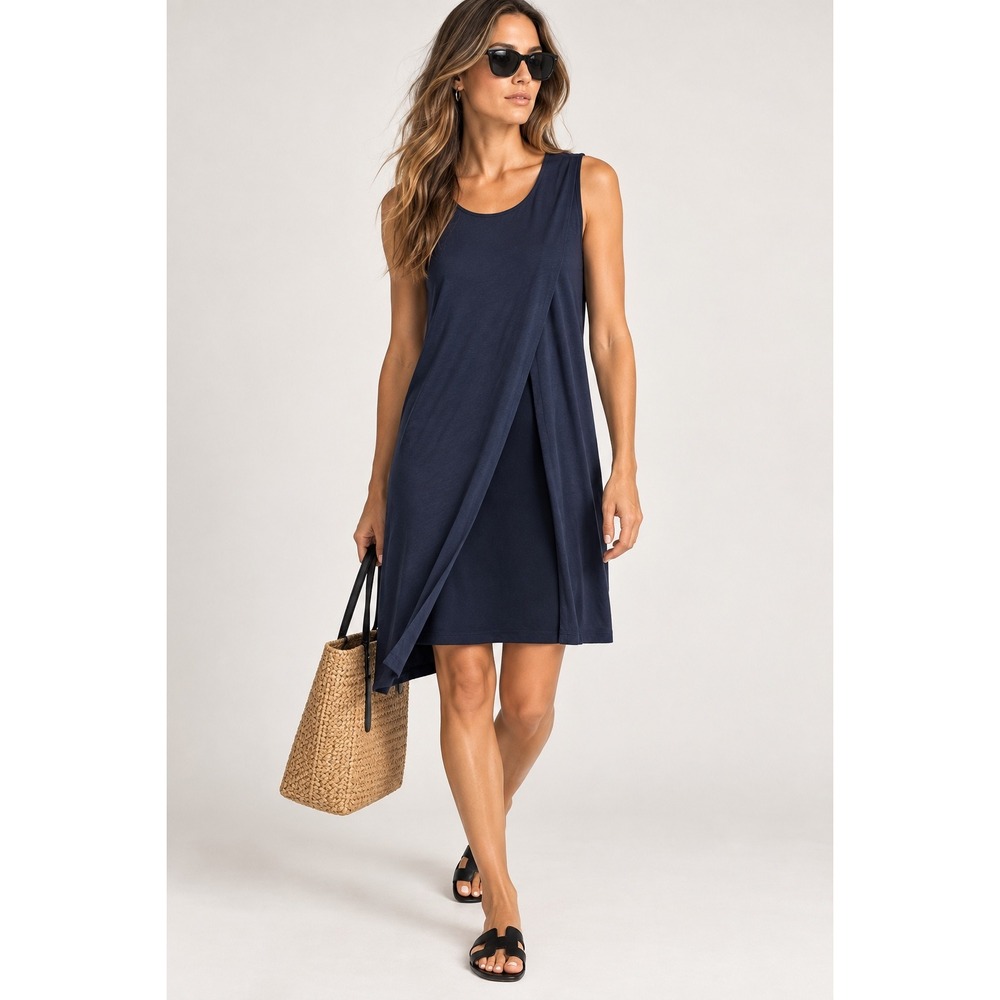 Eileen Fisher Navy Blue Viscose Spandex Crossover Overlay Shift Dress Large L/G